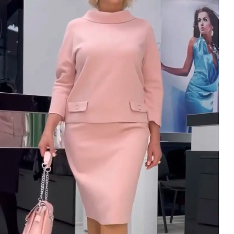Conjunto de dos piezas formado por top y falda de manga larga y cremallera trasera, color liso, informal, a la moda para mujer