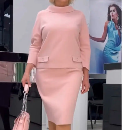 Conjunto de dos piezas formado por top y falda de manga larga y cremallera trasera, color liso, informal, a la moda para mujer