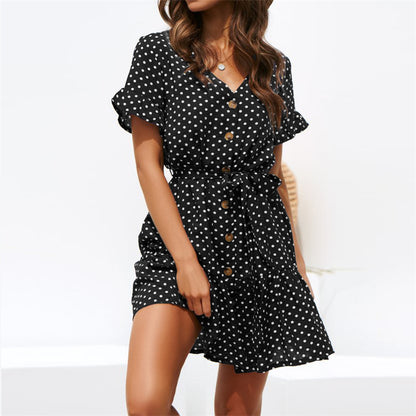 Vestido informal de verano para mujer, con estampado de lunares, mangas acampanadas, escote en V y botonadura sencilla