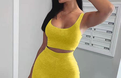 Women Fashion Casual Solid Color Tank Top High-Waiste Loose Pant Two-Piece Set