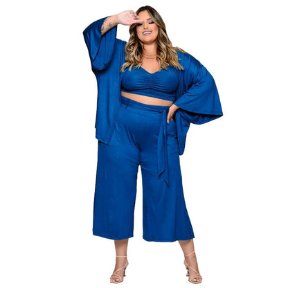 Conjunto de tres piezas de chaqueta y pantalón informal holgado de talla grande de color liso para mujer