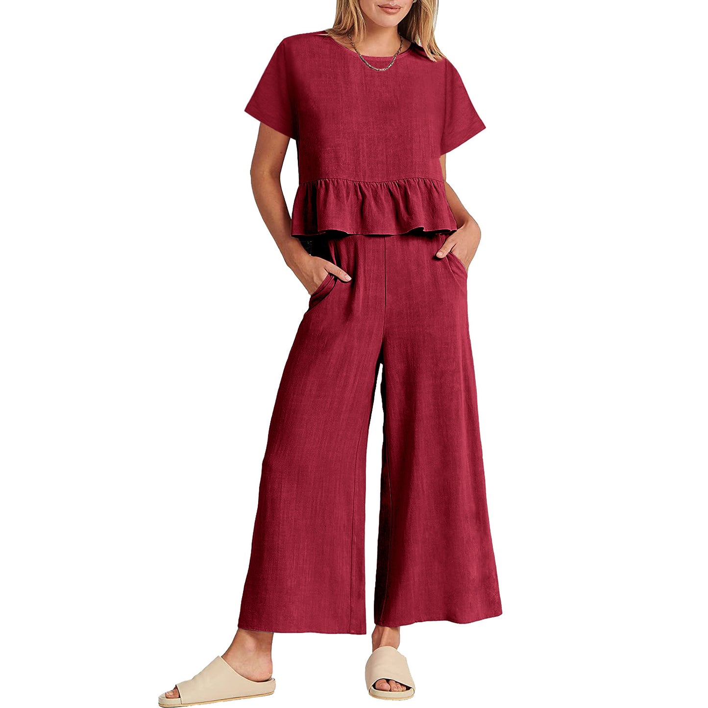 Conjunto de pantalón casual de manga corta con volantes de color liso para mujer