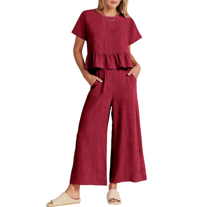 Conjunto de pantalón casual de manga corta con volantes de color liso para mujer