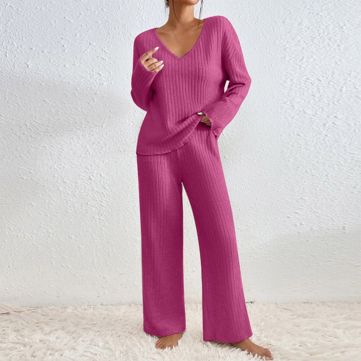 Conjunto informal de punto con cuello en V y manga larga de color liso para mujer