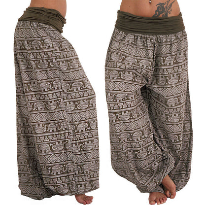 Women Casual Loose Printed High Waist Plus Size Wide Leg Pants