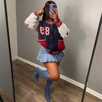 Women Fashion Long Sleeve Pocket Letter Zipper Casual Sweater