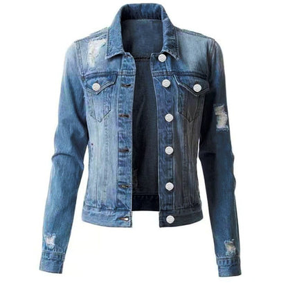 Chaqueta vaquera informal de manga larga con solapas rasgadas para mujer