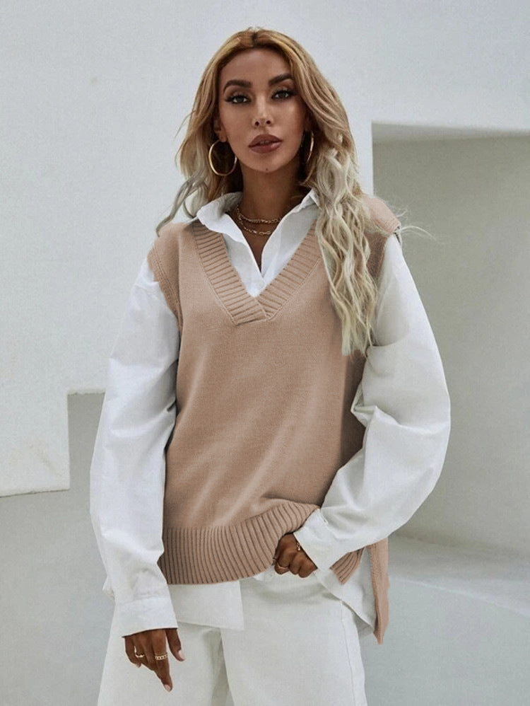Women Casual V Neck Solid Color Knitted Tank Top