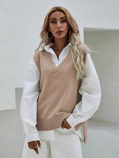 Women Casual V Neck Solid Color Knitted Tank Top