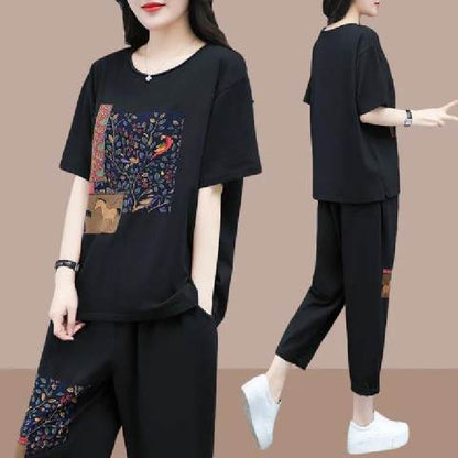 Conjunto de camiseta informal de manga corta y pantalón holgado de verano para mujer con estampado gráfico