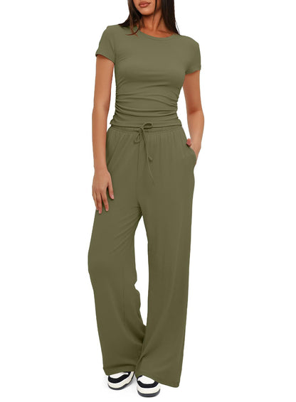 Conjunto deportivo informal de color liso para mujer, con top de manga corta y cintura alta y pantalones anchos