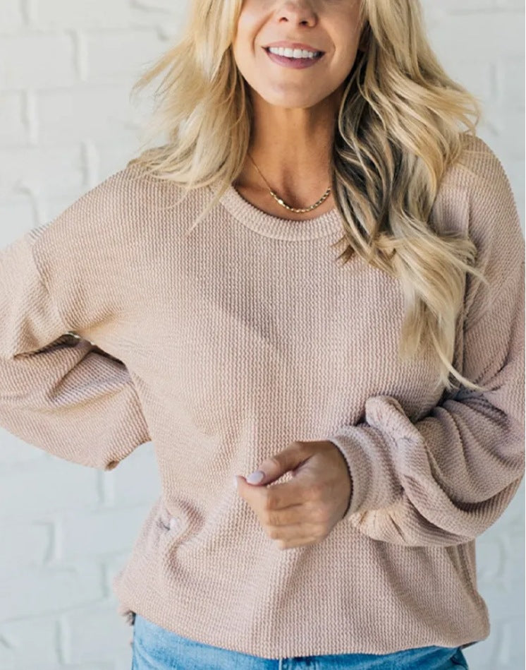 Sudadera informal holgada de color liso con cuello redondo y manga larga para mujer