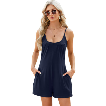Women Fashion Casual Solid Color Sling Loose Pocket Rompers