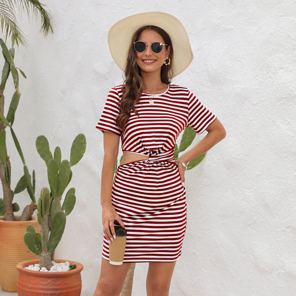 Women Fashion Casual Short Sleeve Stripe Printing Cut-Out Dress