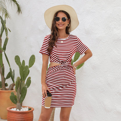 Women Fashion Casual Short Sleeve Stripe Printing Cut-Out Dress