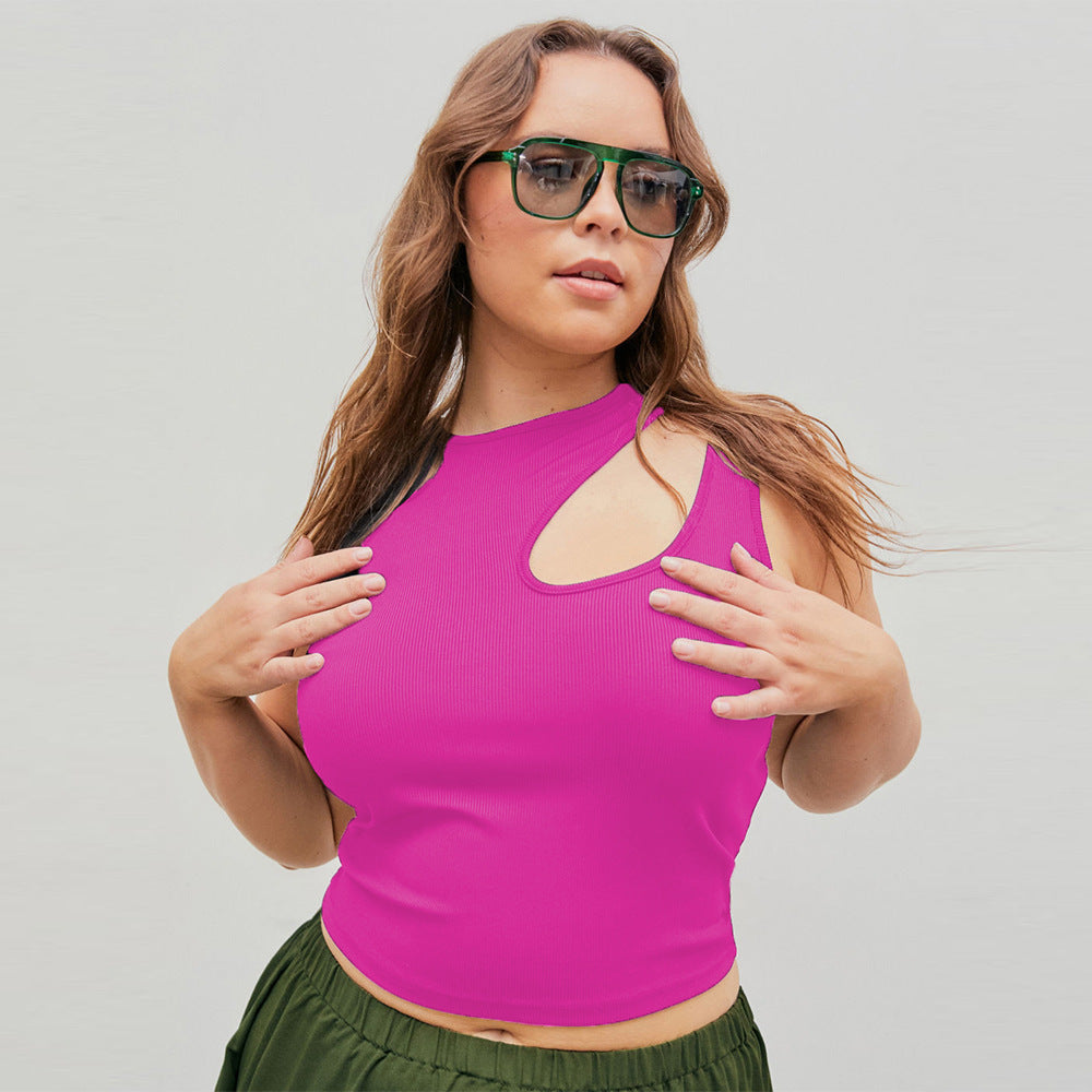 Summer Women Fashion Plus Size Casual Round Neck Hollow Sleeveless Top
