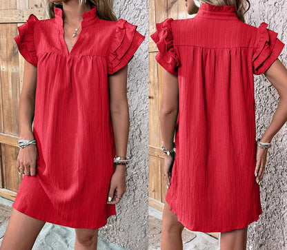 Women Fashion Casual Solid Color Multi-Layer Lotus Leaf Sleeve V-Neck Dress