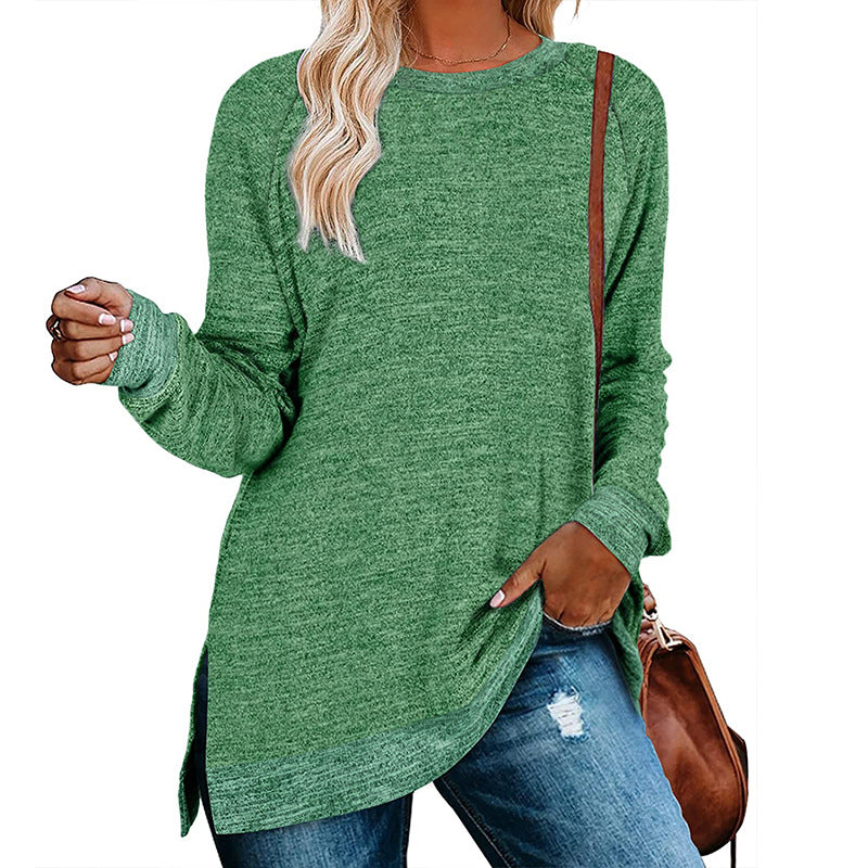 Camiseta informal de manga larga con cuello redondo y abertura en color para mujer