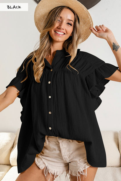 Blusa informal de color liso con cuello alto plisado y botonadura sencilla para mujer