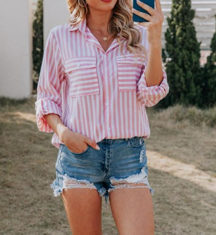 Women Casual Cotton Stripe Single-Breasted Long-Sleeved Shirt Blouse