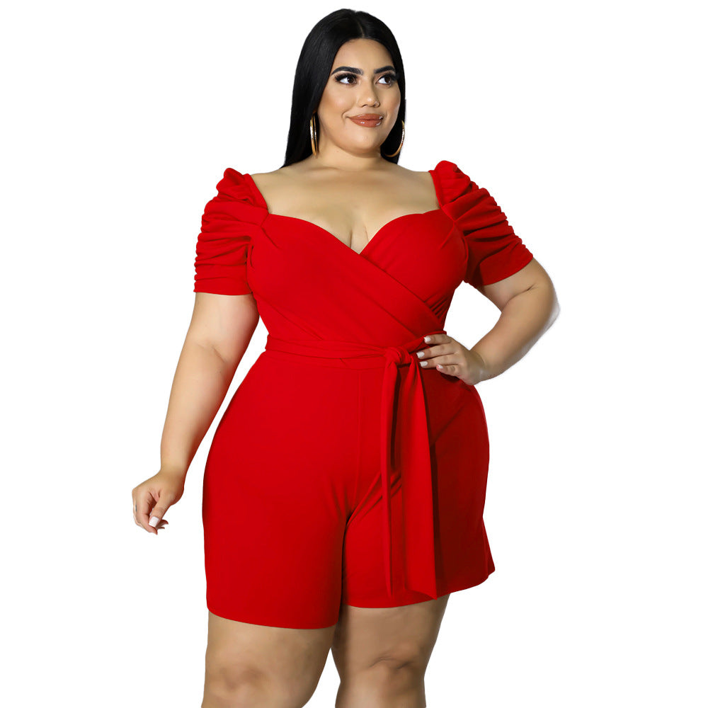 Women Fashion Casual Plus Size Solid Color Lace-Up Short-Sleeve Rompers