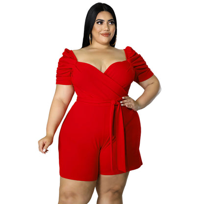 Women Fashion Casual Plus Size Solid Color Lace-Up Short-Sleeve Rompers