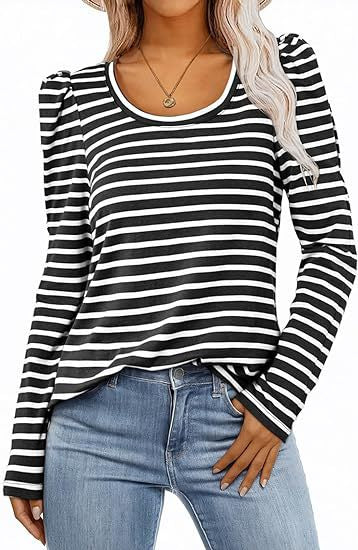 Camiseta informal de manga larga con cuello redondo y estampado de rayas para mujer