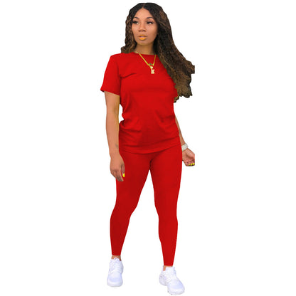 Conjunto de dos piezas de camiseta y pantalón de manga corta para mujer, informal, de color liso