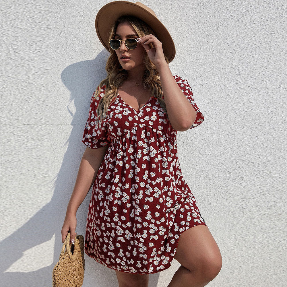 Women Fashion Casual Floral Printing V-Neck Short Sleeve Plus Size Dress