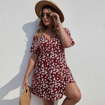 Women Fashion Casual Floral Printing V-Neck Short Sleeve Plus Size Dress