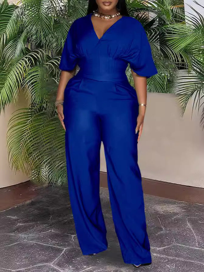 Women Casual Loose Solid Color V-Neck Short-Sleeve Jumpsuits