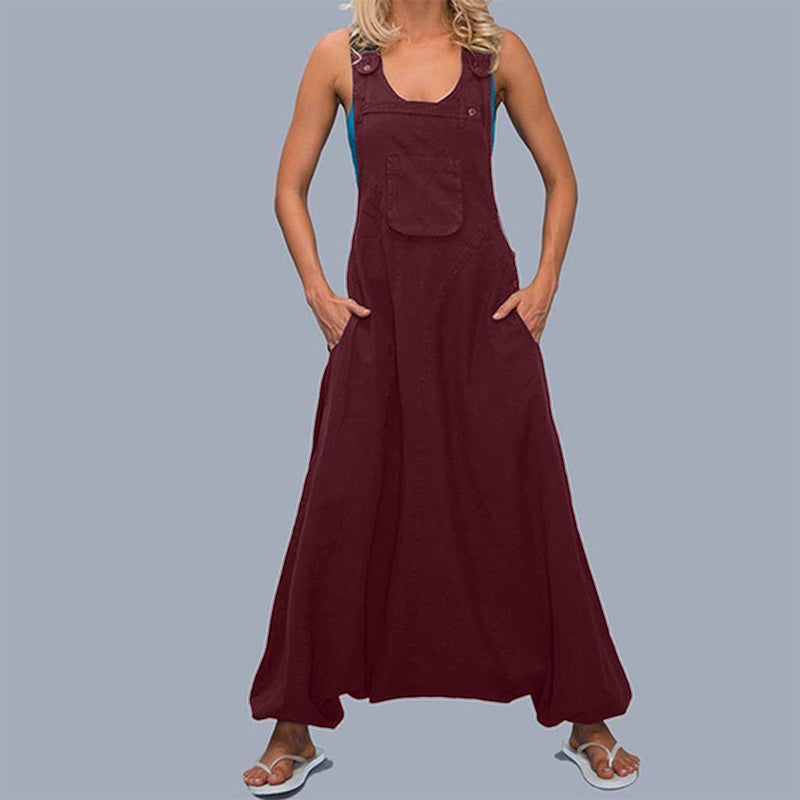 Women Loose Casual Edgy Sleeveless Pockets Solid Color Wide Legs Jumpsuits Overalls