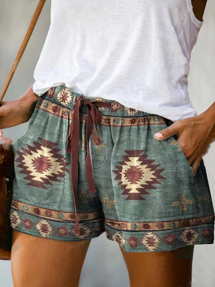 Pantalones cortos holgados con cordones y cintura alta con estampado digital informal a la moda para mujer