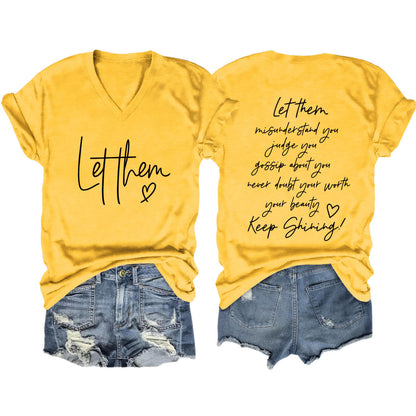Camiseta informal de verano para mujer con estampado de letras de doble cara y cuello en V de manga corta