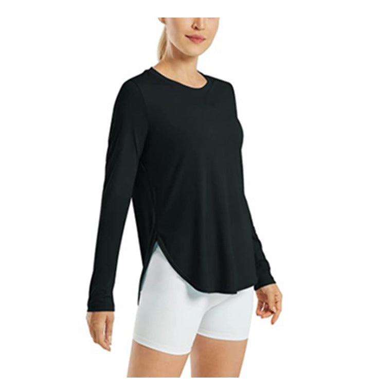 Camiseta informal holgada de manga larga con cuello redondo y color liso para mujer