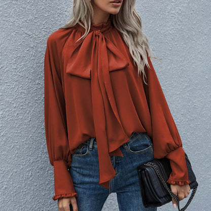 Blusa holgada informal elegante de manga larga con cuello alto y lazo para mujer