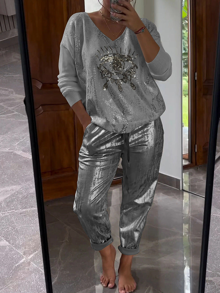 Conjunto de top y pantalón bronceador con efecto ojo malvado para mujer, informal, a la moda, brillante