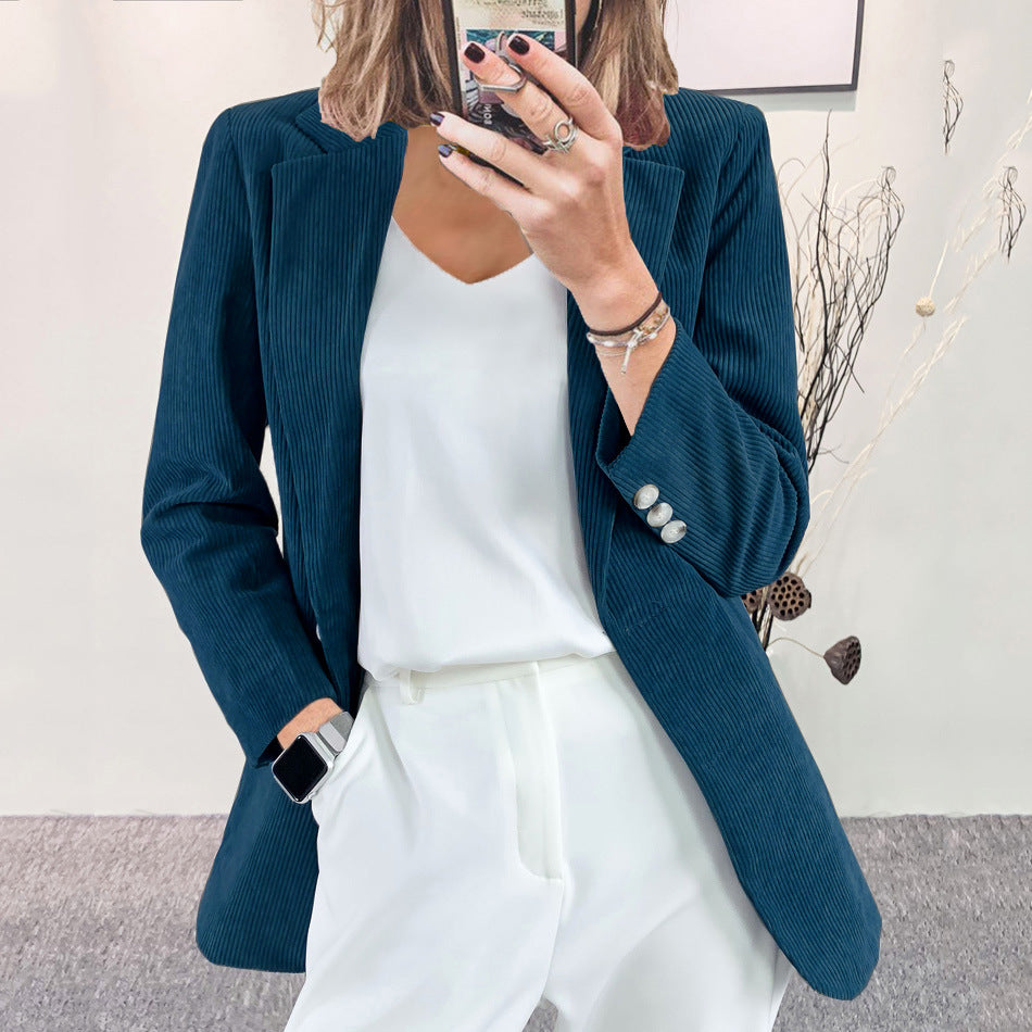 Women Fashion Casual Solid Color Corduroy Lapel Long-Sleeve Slim-Fit Jacket