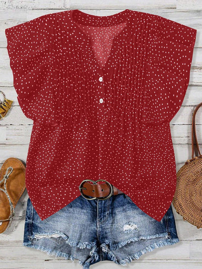 Blusa informal sin mangas con cuello en V y estampado de lunares plisados de color liso para mujer
