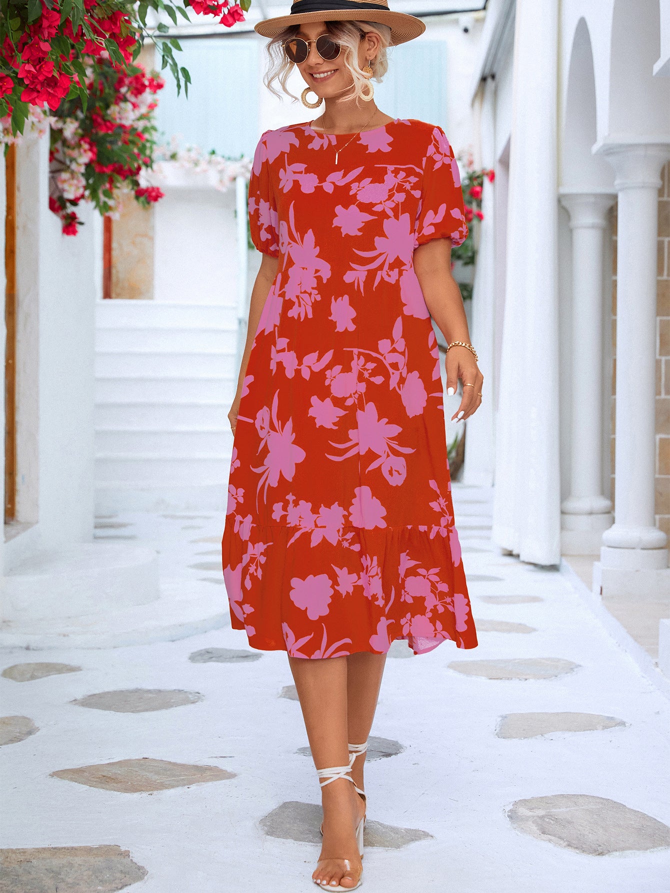 Summer Vacation Women'S Casual Loose Puff Sleeve Floral Printed Midi Dress