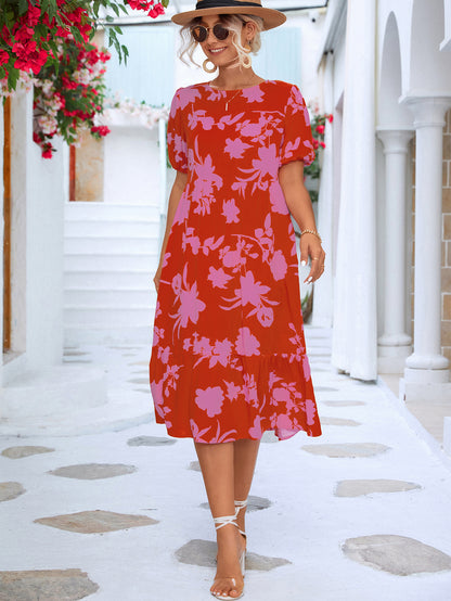 Summer Vacation Women'S Casual Loose Puff Sleeve Floral Printed Midi Dress