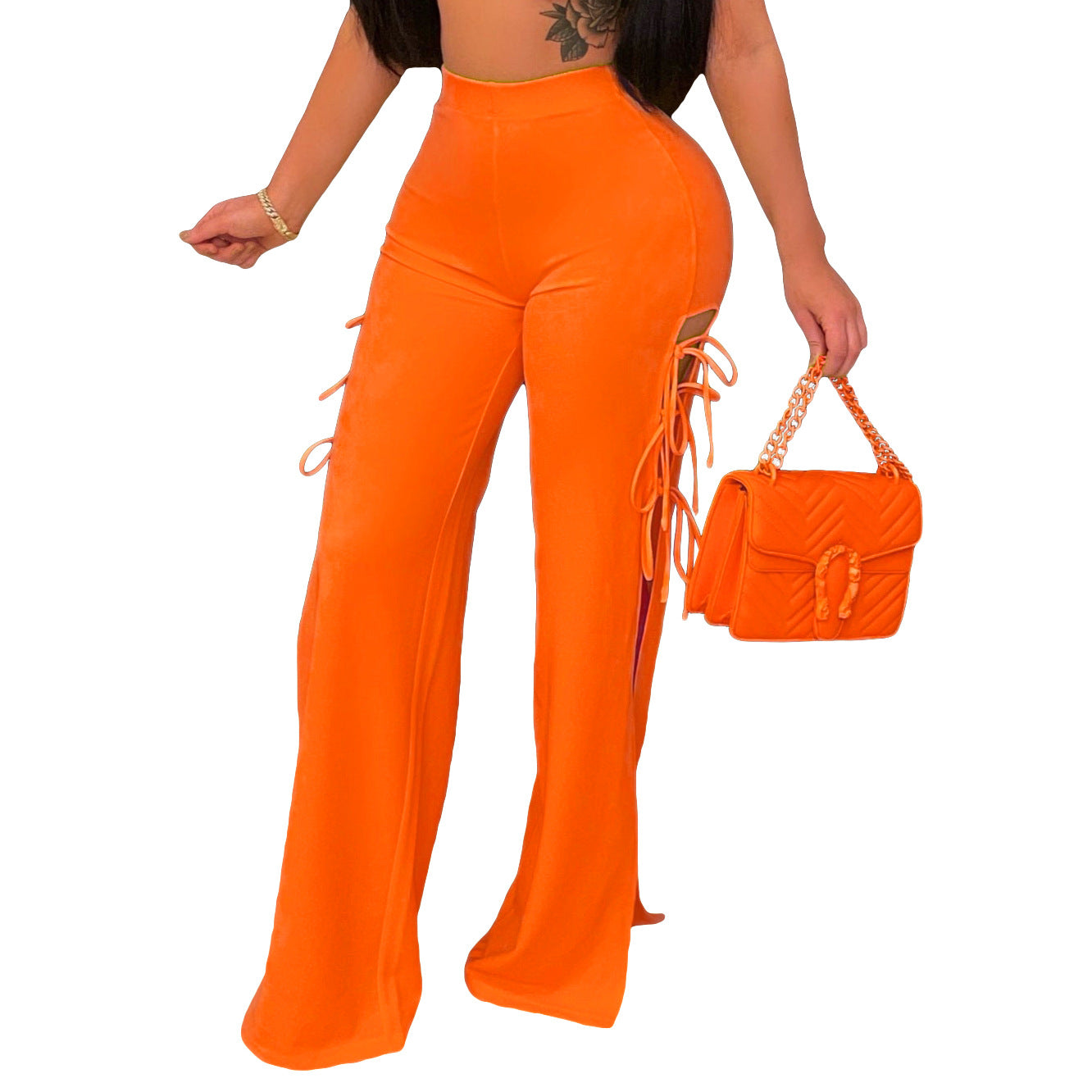 Pantalones casuales de cintura alta con abertura y cordones de color liso para mujer