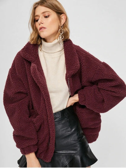 Abrigo de peluche de manga larga con bolsillo y solapa de color liso para mujer, informal, de invierno