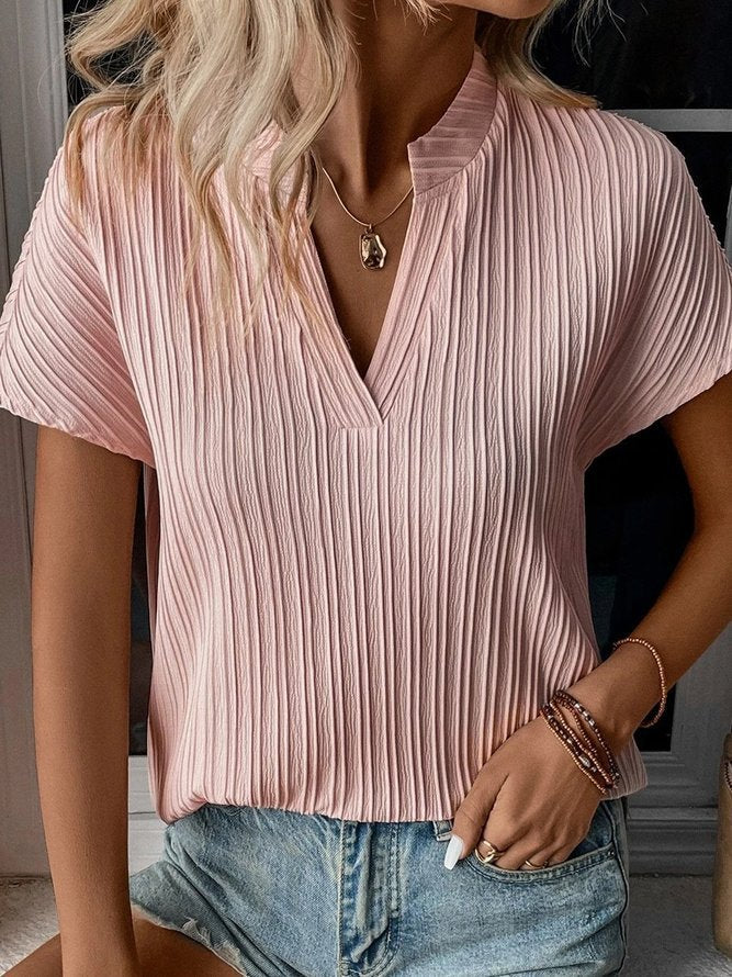 Women Fashion Casual Solid Color V-Neck Stripe Short Sleeve Blouse