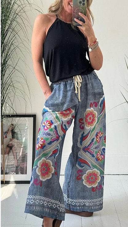 Ethnic Vintage Boho Women Spring And Summer Lace-Up Imitation Denim Floral Printed Pocket Loose Casual Pants