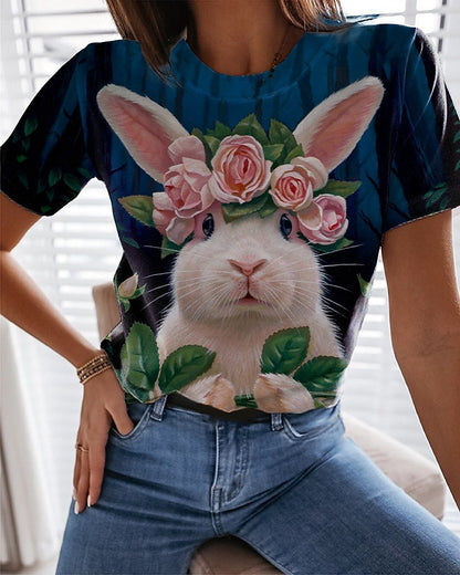 Camiseta informal de manga corta con cuello redondo y estampado de conejo de Pascua para mujer