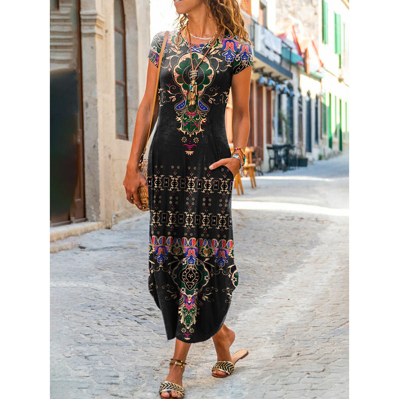 Vestido largo informal de manga corta con cuello redondo y estampado floral geométrico para mujer