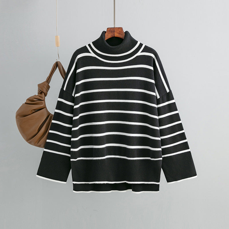 Autumn And Winter Women Casual Stripe Turtleneck Knitted Sweater