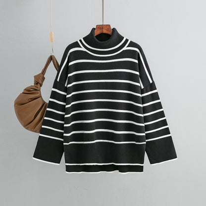 Autumn And Winter Women Casual Stripe Turtleneck Knitted Sweater