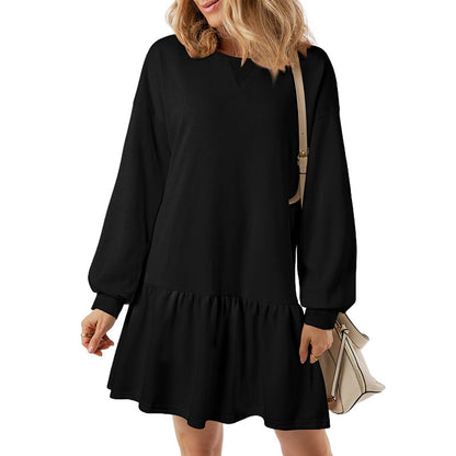 Vestido mini informal de manga larga con cuello redondo y color liso para mujer